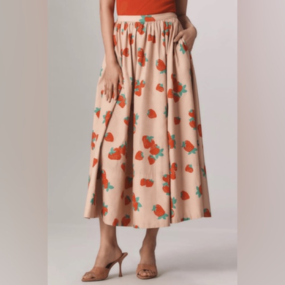 Anthropologie Maeve Poplin Printed Midi Skirt- Strawberry Print - Picture 2 of 5